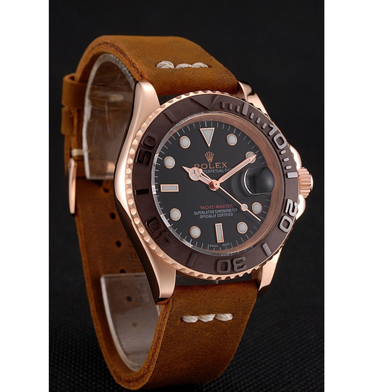 AAA replica watch Leather Bracelet Rolex Master 1453860 Bezel Brown Rose Yacht Dial Black Gold Brown Case 0516